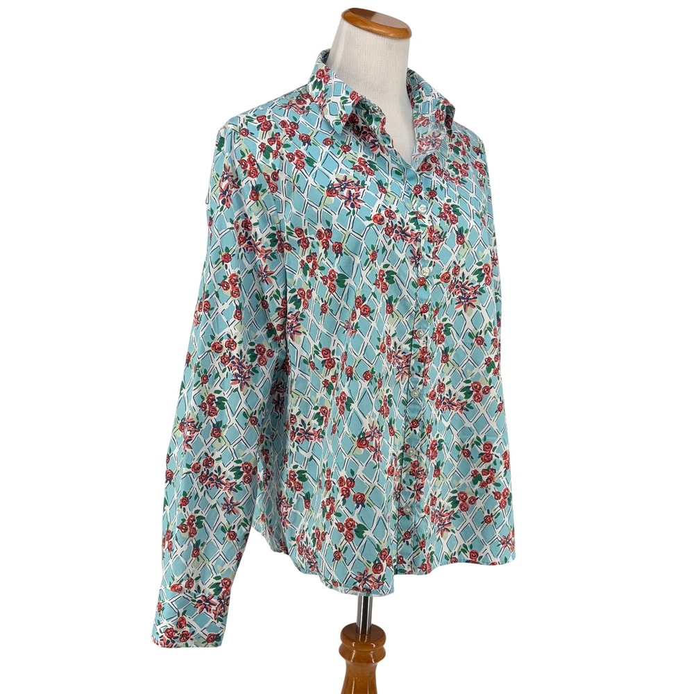 Lands' End Shirt Floral Trellis No Iron Supima Cotton Blue Red 18 Casual Crisp